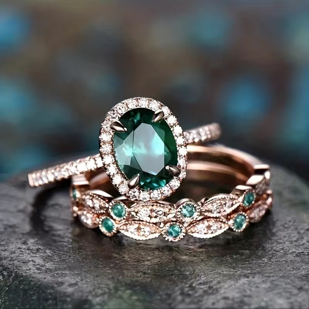 3pc Vintage Emerald Cubic Zirconia Stacking Rings